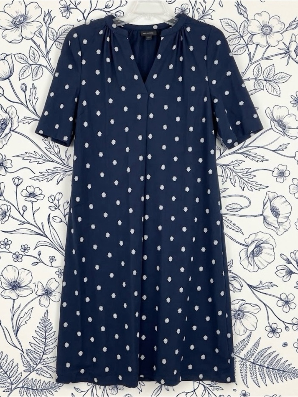 J.Jill Navy Blue Floral Split V-Neck Dress